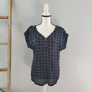 Story On Black Short Sleeve Pullover Zipper Accent Sheer Front Top Size M